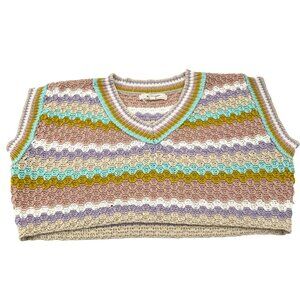 Crochet Striped Knit Sweater Vest Multicolor V-Neck Lightweight Womens L Bluevel